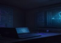 A large screen displaying abstract 3D visuals with colorful geometric patterns reacting to music, in a dimly lit studio with a laptop running TouchDesigner interface, cables and audio equipment around