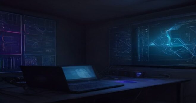 A large screen displaying abstract 3D visuals with colorful geometric patterns reacting to music, in a dimly lit studio with a laptop running TouchDesigner interface, cables and audio equipment around