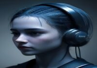 Photorealistic image of a person wearing over-ear headphones, with semi-transparent 3D sound waves and a wireframe head model showing HRTF filtering, dark background with blue and orange lighting, no
