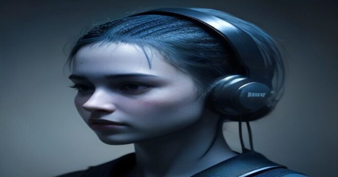 Photorealistic image of a person wearing over-ear headphones, with semi-transparent 3D sound waves and a wireframe head model showing HRTF filtering, dark background with blue and orange lighting, no