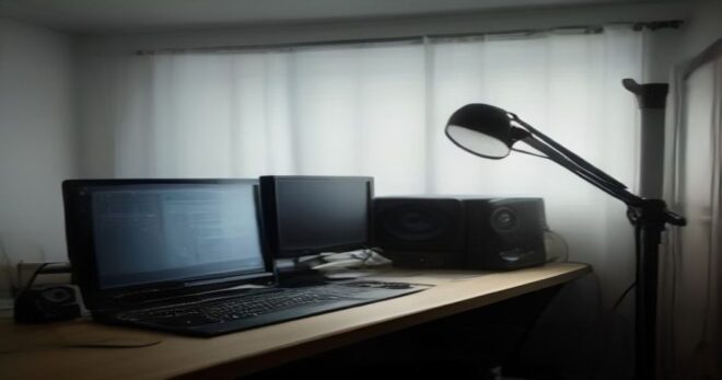 A modern home music studio with a laptop running Python code, a MIDI keyboard, studio monitors and a microphone on a boom arm. The screen shows waveform and code, soft ambient lighting, photorealistic