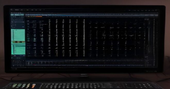 Photorealistic close-up of a modular synthesizer interface displayed on a computer screen, with colorful patch cables connecting modules, knobs and sliders, in a home studio environment.